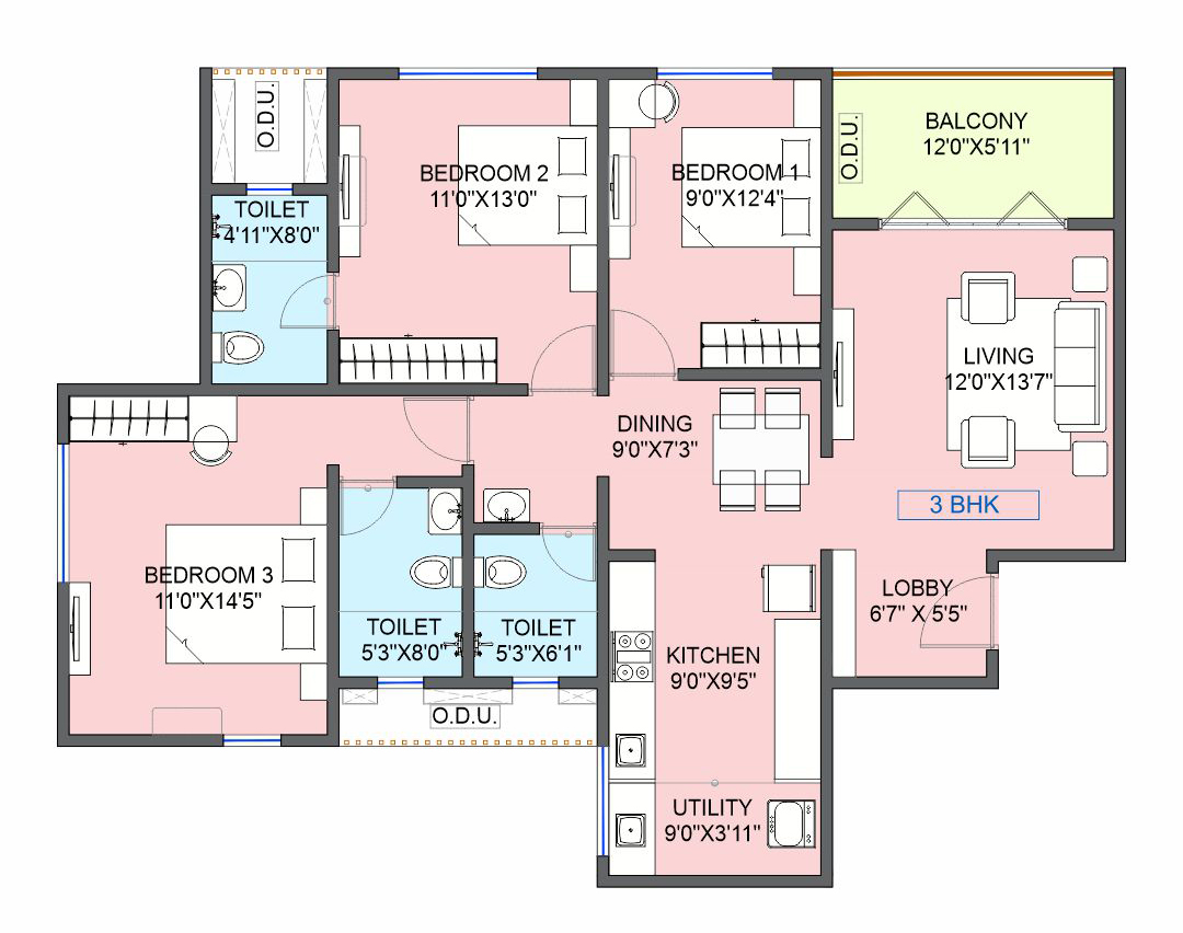 3 Bhk unit plan 1515